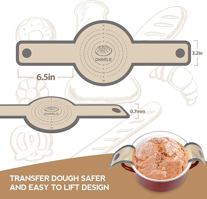 Silicone Bread Sling for Dutch Oven, Non-Stick & Easy to Clean Bread Baking Mat Set, 2 Pcs Reusable Bread Sling with Long Handle to Transfer Sourdough (Gray, 2PCS Round)