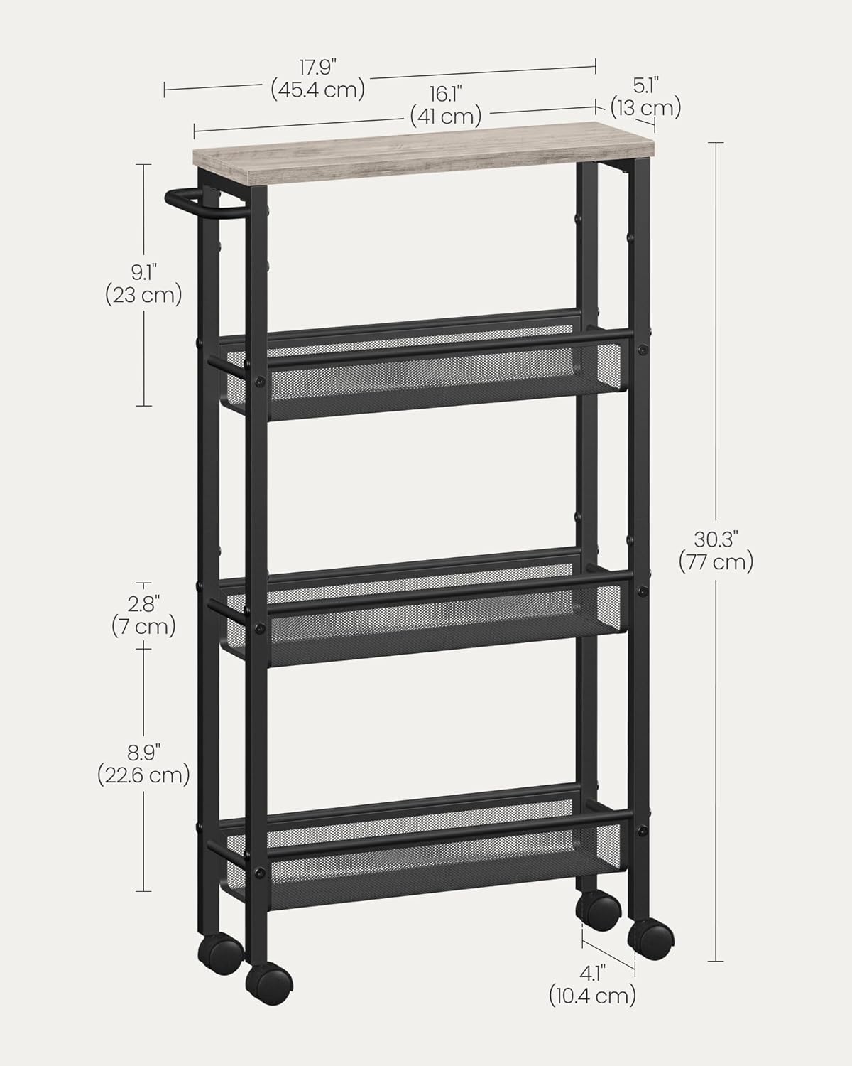 VASAGLE Slim Rolling Cart, 4-Tier Storage Cart, Narrow Cart with Handle, 5.1 Inches Deep, Metal Frame, for Kitchen, Dining Room, Living Room, Home Office, Heather Greige and Classic Black ULRC032K01