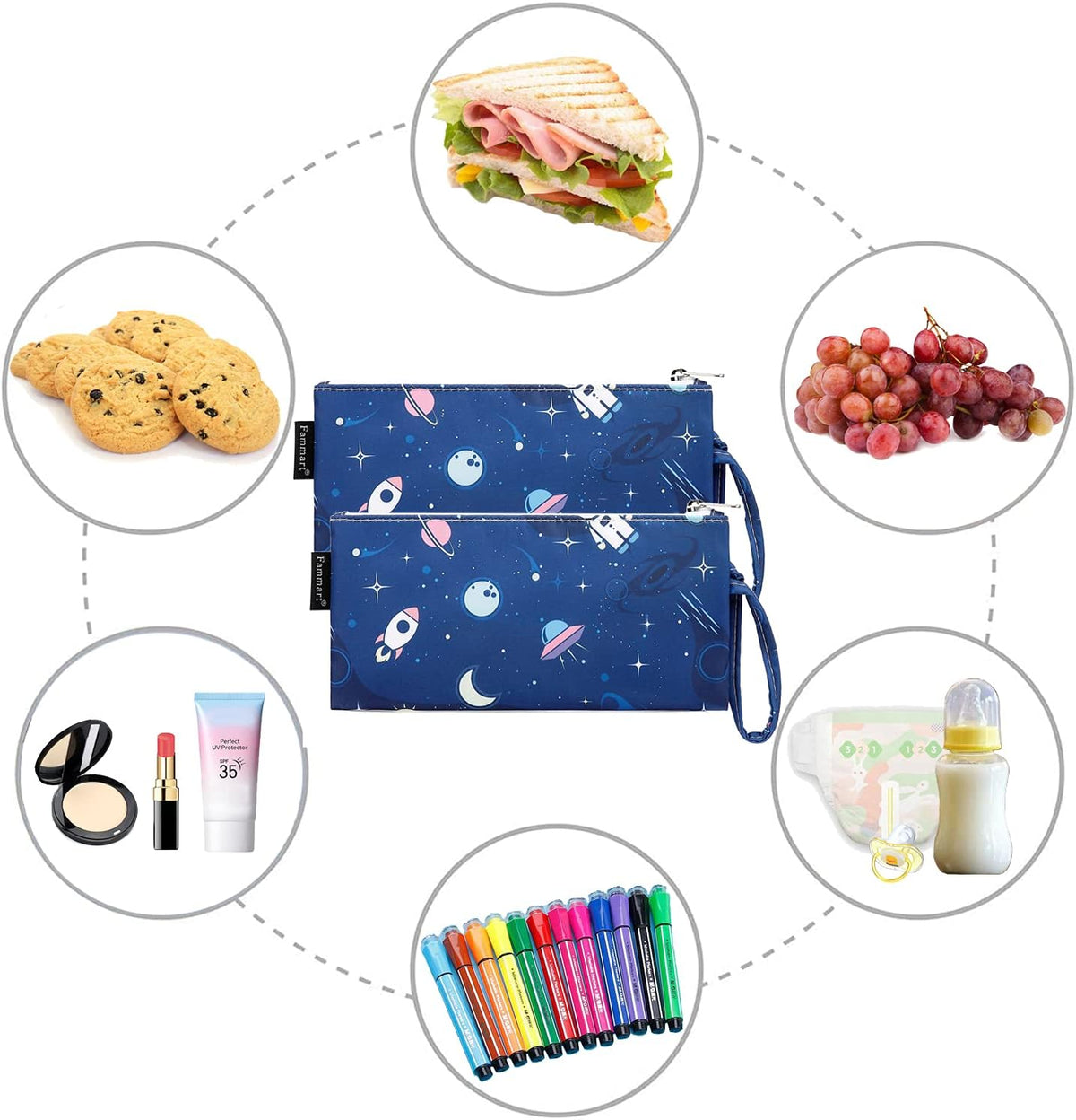 Reusable Sandwich Bag/Snack Bag for Kids & Adults, Dual Layer Lunch Bag with Handle, Washable, Food Safe, BPA Free (2-Pack, Astronaut)
