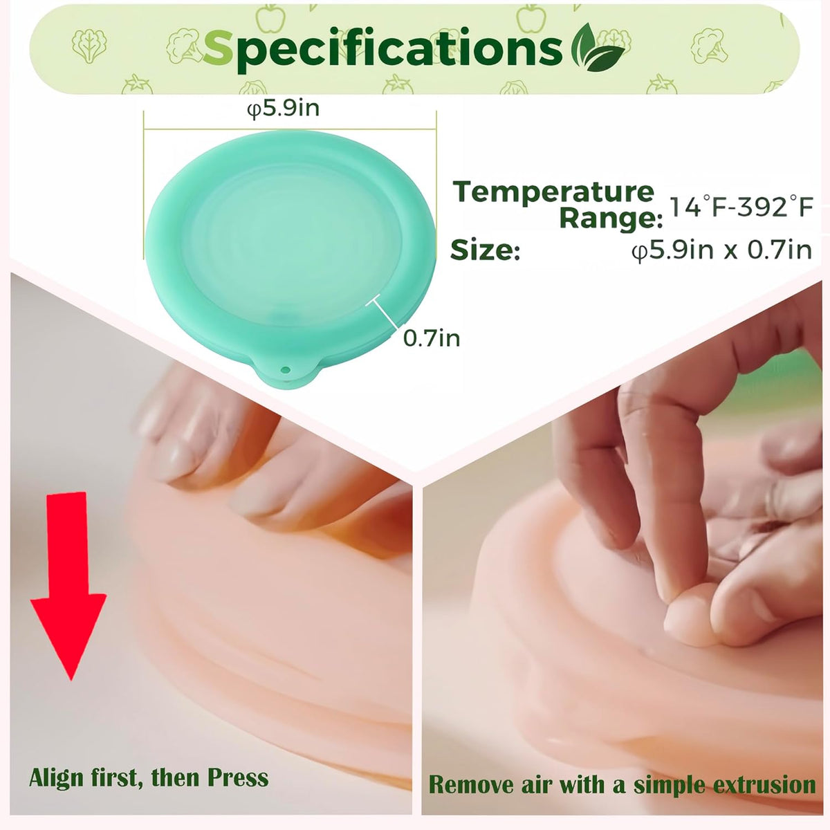Silicone Reusable Vacuum-Seal Storage Containers for Fridge,Fresh Fruit,Vegetables,Garlic,Onions,Lemons,Potatoes,Meat,for Microwave Oven Heating,Freezer,Dishwasher,Avocado Saver,Tomato Holder,2 Pack