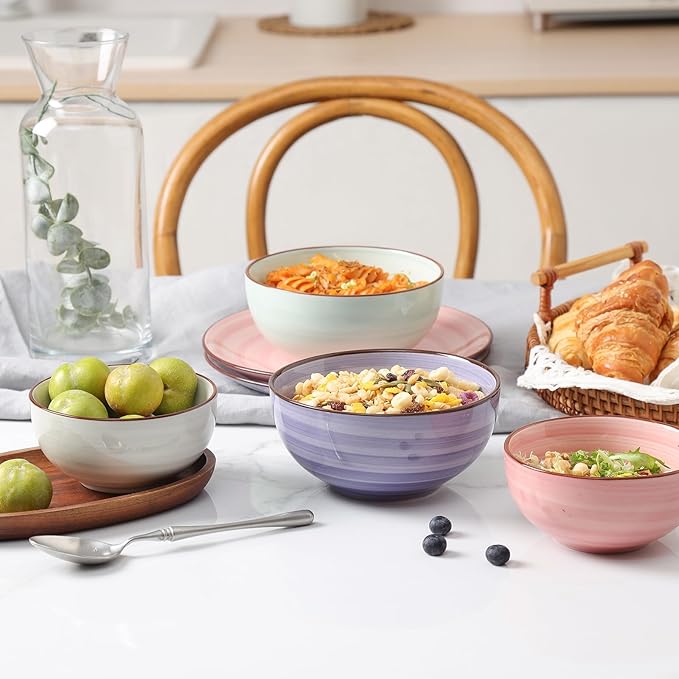 KitchenTour Dessert Bowls Set of 6, 12 OZ Ceramic Cereal Bowls for Kitchen, 4.7 Inch Small Bowls for Snack, Fruit, Ice Cream - Microwave & Dishwasher Safe, Assorted Warm Colors