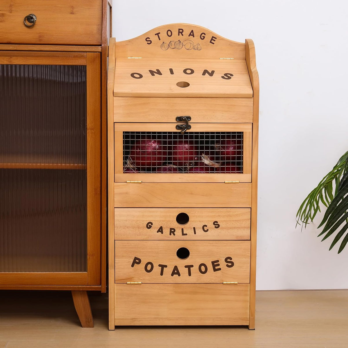 Potato Bin Veggie Organizer Rustic Pine Wood Potato, Onion & Garlic Storage Bin | Kitchen Organizer | Solid Wood Veggie Box | Compact Kitchen Box (13.77" L x 7.1" W x 29.3" H)