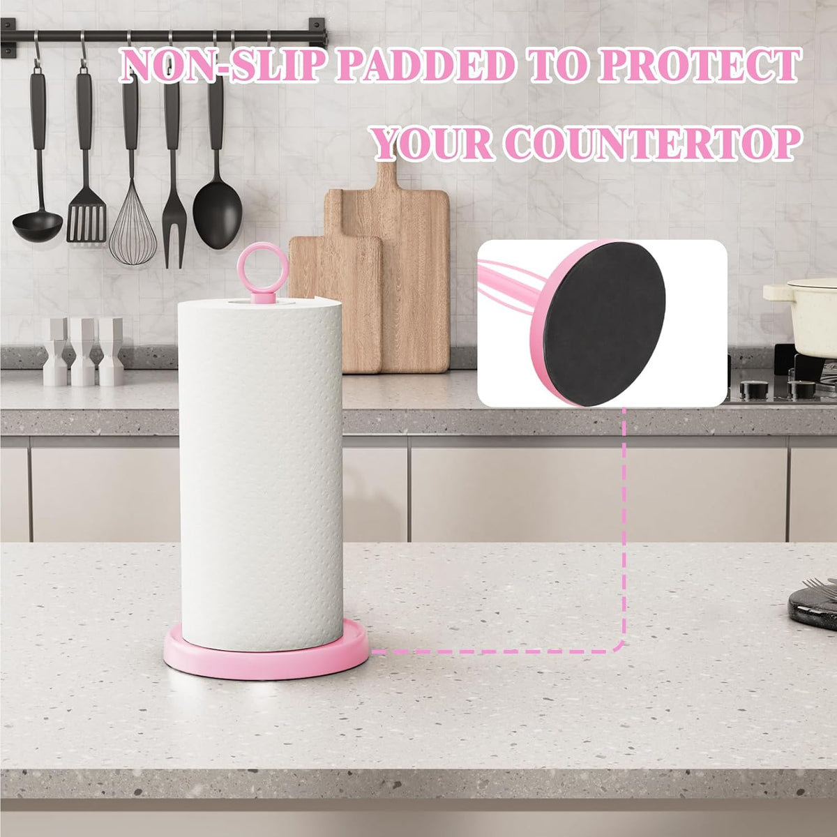 Pink Paper Towel Holder Countertop, Pink Kitchen Accessories Decor, One-Handed Tear, Stainless Steel, Weighted Base, Ring Paper Towel Holder Stand with Ratchet System for Kitchen Farmhouse Essentials