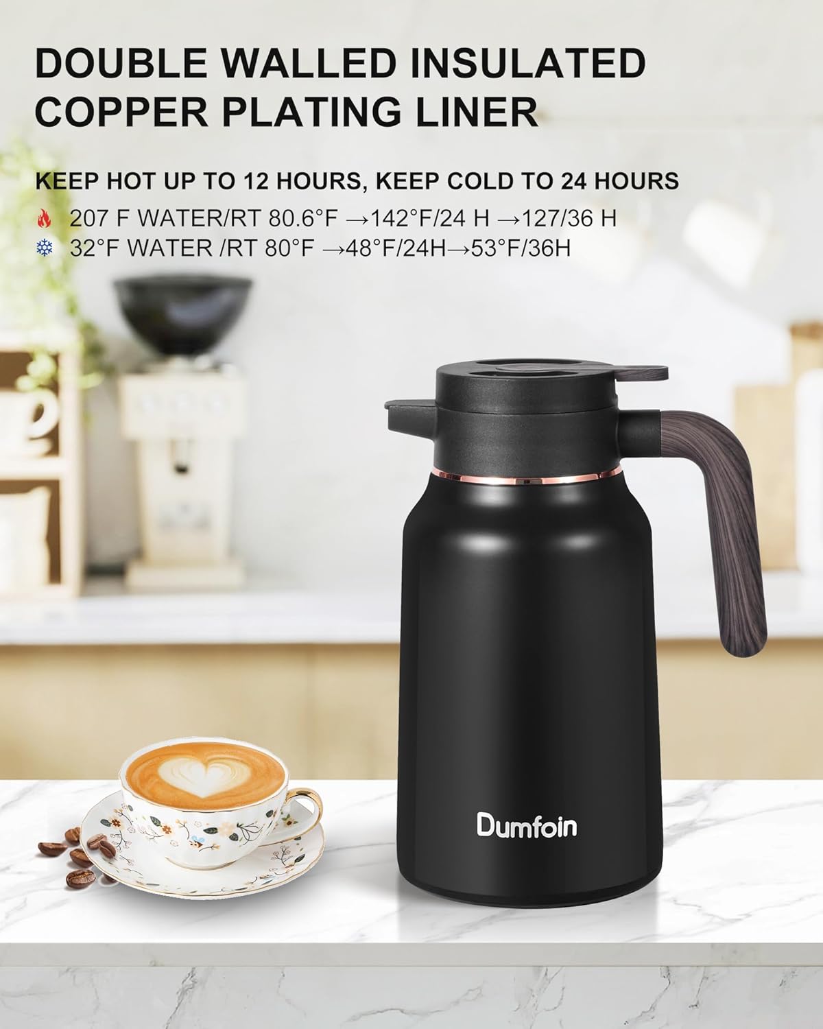 Carafes for Hot Liquids 51 oz - 12 Hour Stainless Steel Thermal Coffee Carafe-Insulated Coffee Carafes For Keeping Hot/Cold Coffee, Tea, Water, 1.5 Liter Beverage Dispenser(2 Black)