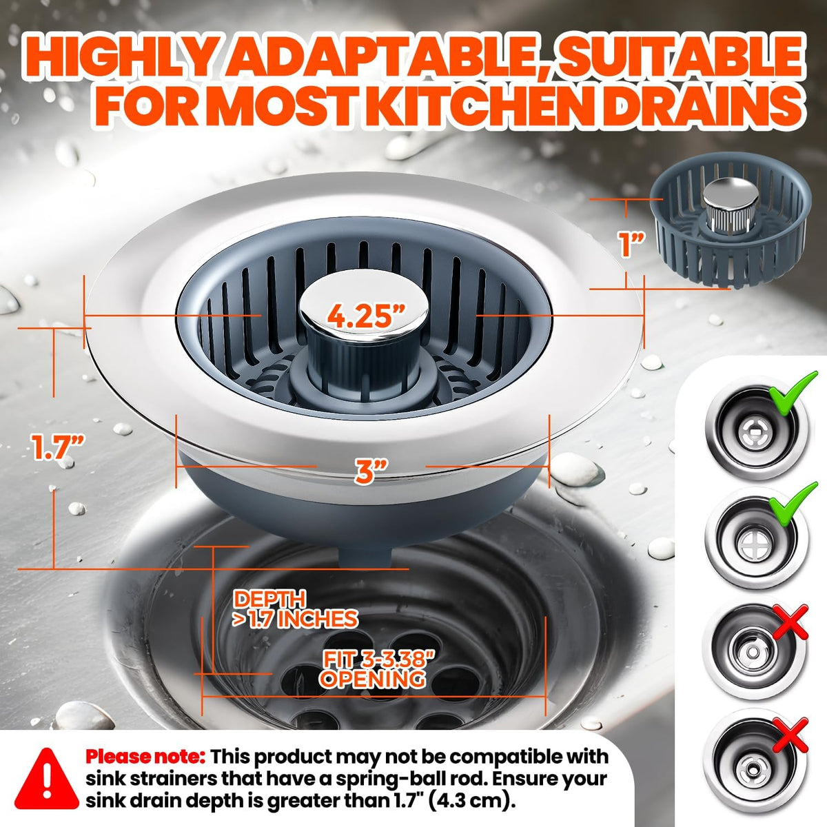 Kitchen Sink Drain Strainer - Upgraded Kitchen Sink Stopper,Sink Stopper Kitchen Drain,Stainless Steel Drain Plug with Anti-Clog Basket Drain Stopper Combo,for Standard 3-1/2'' Drain,Grey
