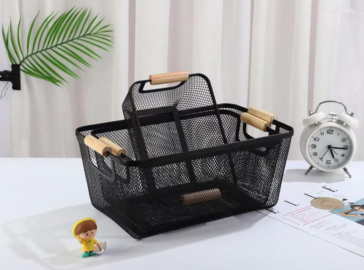 Metal Mesh Steel Basket, Medium Wire Storage Organizer Basket Multi-function Hanging Kitchen Basket with Wood Handle for Kitchen Bathroom Picnic Home, Rectangle-Black