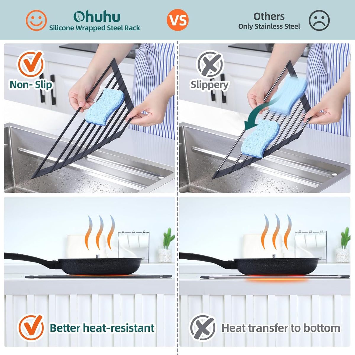 Corner Sink Caddy, Ohuhu Sponge Holder for Kitchen Sink Organizer Silicone Wrapped Steel Anti Slip Rust Triangle Over the Sink Dish Drying Rack for Sink Corner Multipurpose Drainer Trivet Space-Saving