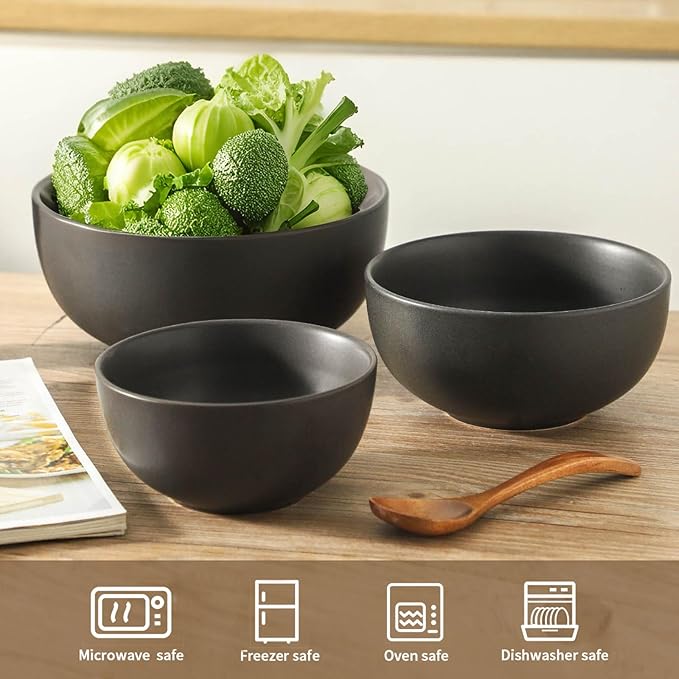 Tikoore Ceramic Mixing Bowls Set of 3, 24oz 40oz 88oz Nesting Bowl Ideal for Parties Dinners Serving Salad Fruit, Versatile for Mixing Prepping Serving in Kitchen, Dishwasher Microwave Safe Black
