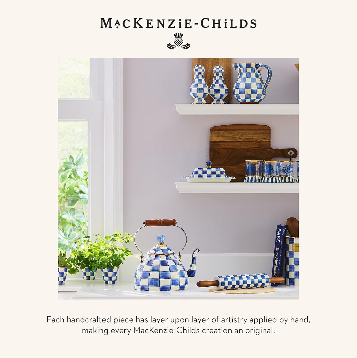 MACKENZIE-CHILDS Enamel Herb Pots, Small Plant Pots for Herbs or Flowers, Set of 3, Blue-and-White Royal Check