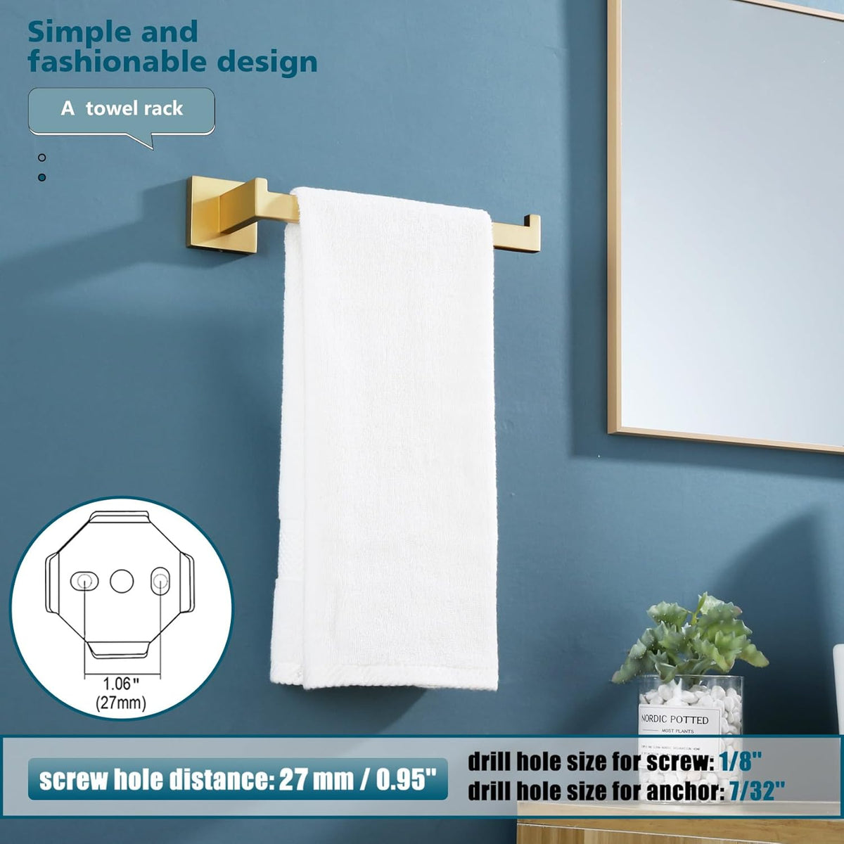 KOKOSIRI Towel Bar Gold Hand Towel Holder for Bathroom Kitchen Hardware Stainless Steel Wall Mounted, Brushed Gold, B3003BG
