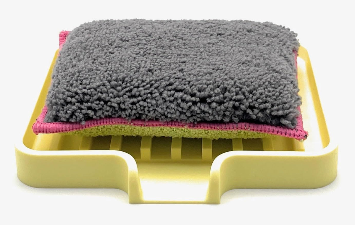 Happitasa Silicone Soap Dish Tray and Sponge Holder with Drain Chute, Pack of 2 | Bathroom and Kitchen Sink Organizer Caddy (Pale Yellow, 5.2"x4", 7.2 Ounces)