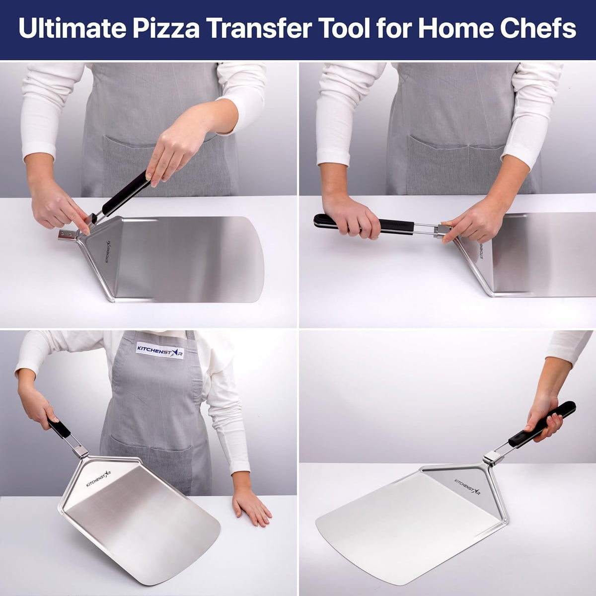 KitchenStar 12-inch Metal Pizza Peel with Folding Handle - Stainless Steel Spatula Paddle for Effortless Pizza Transfer & Easy Storrage - Dishwasher Safe Pizza Oven Accessories