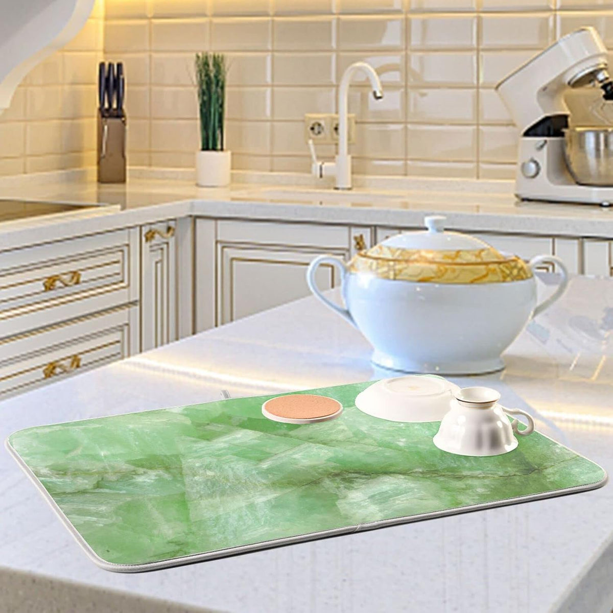 Super Absorbent Dish Drying Mat, Microfiber Fast-Drying Dish Mat, 16" x 18", Kitchen Dish Drying Pad, Green Jade Stone Marble