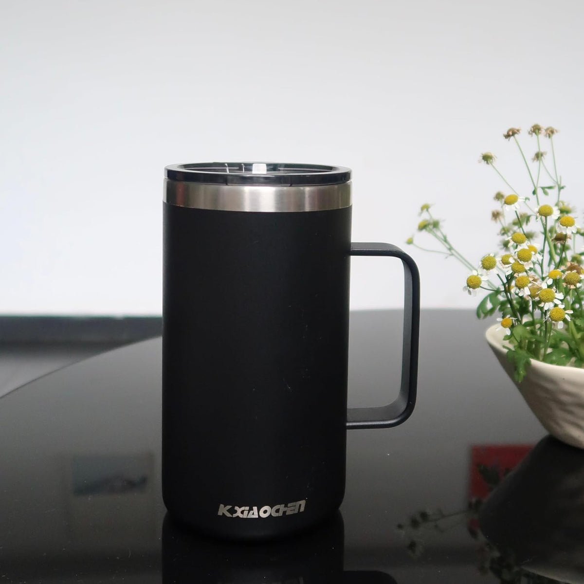 KXIAOCHEN 20oz Insulated Coffee Mug with Lid, Stainless Steel Coffee Cup, Double Wall Vacuum Coffee Tumbler with Handle, Premium Thermal Travel Coffee Mug (Black)