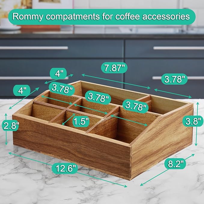 ALELION Acacia Wood Coffee Station Organizer for Countertop - 7 Compartments Coffee Bar Accessories and Organizer with Removable Dividers - Coffee and Tea Condiment storage Organizer
