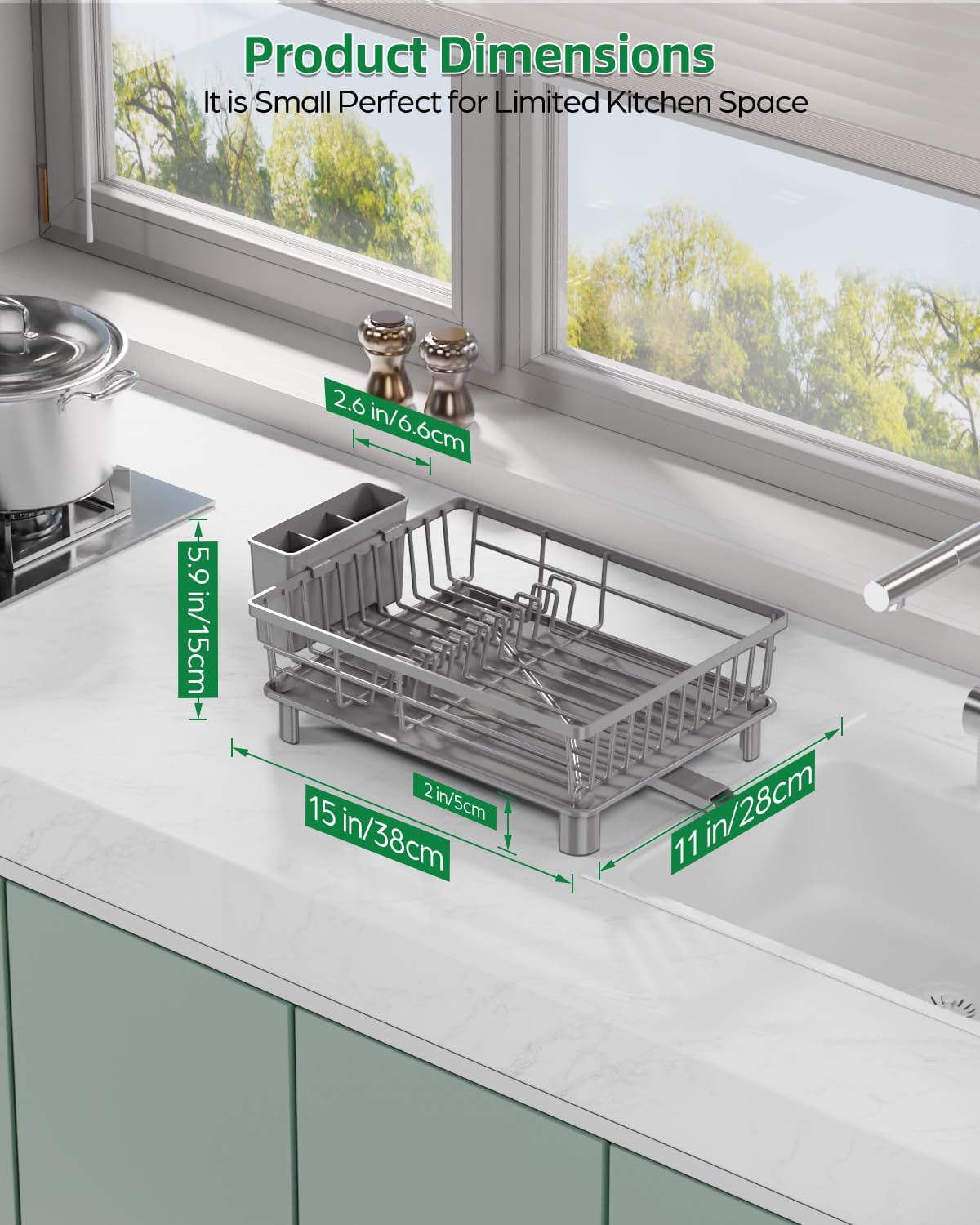 Dish Drying Rack, Stainless Steel Drainer Rack with Drainboard with Smart Drainage System, Space Saving Dish Strainer for Kitchen Counter with Cutlery Holder, Grey