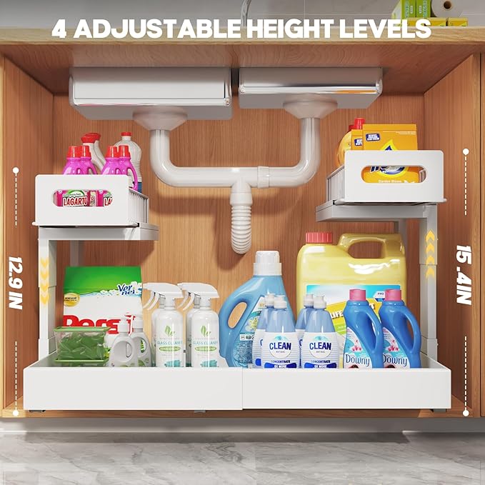 1 Pack Expandable Under Sink Organizers And Storage With Upgrade Ball-Bearing Slide Tracks,2-Tier Pull Out Under Cabinet Organizer Height Adjustable,Slide Out Under Sink Drawers-White(Patent Pending)