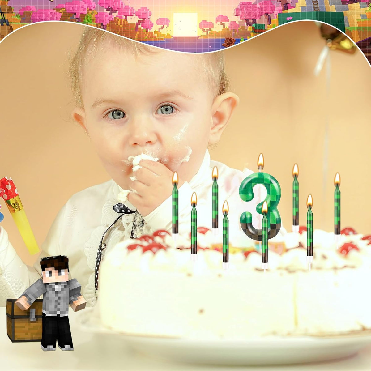 13 Pcs Dynamite Themed Birthday Candles & Number 3 Candle Topper for Pixel Theme Parties