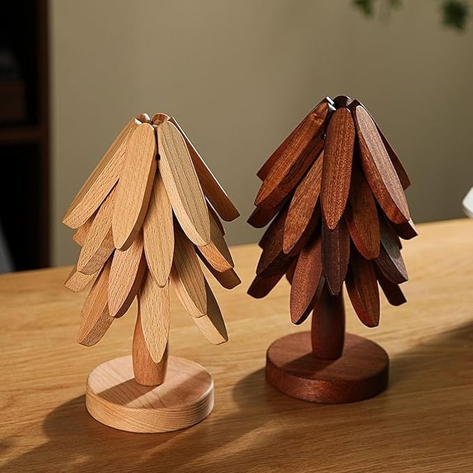 Natural Wood Tree Trivet Set, šatural Tree Trivet Set - 4 Wooden Trivets,4 Wooden šrivets & 1 Stand Like a Christmas Trees,for Hot Dish,Pot,Bowl,Teapot,Hot Pot Sets (Natural Wood 3 Trivets,1set)