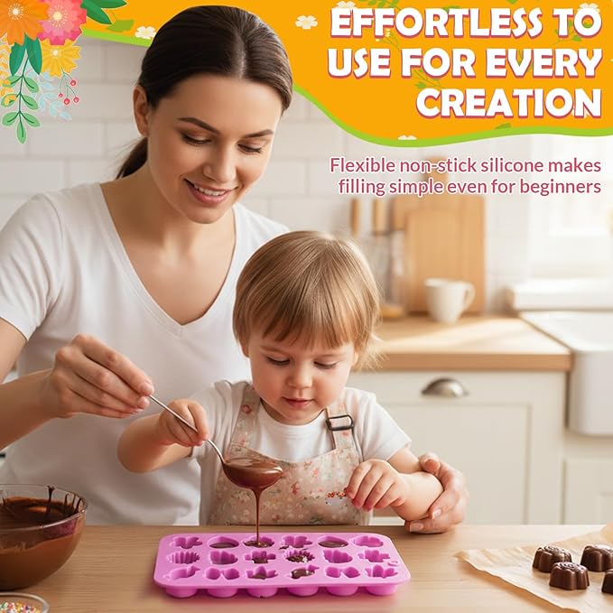 HKNMTT Flower Candy Molds Silicone, Small 9 Shapes Bite Size Chocolate Gummy Jello Gelatin Spring Cute Bow Rose Leaf Dessert Wax Melt Ice Cube Moulds Food Grade Treats Making Oven Safe Kids DIY Set