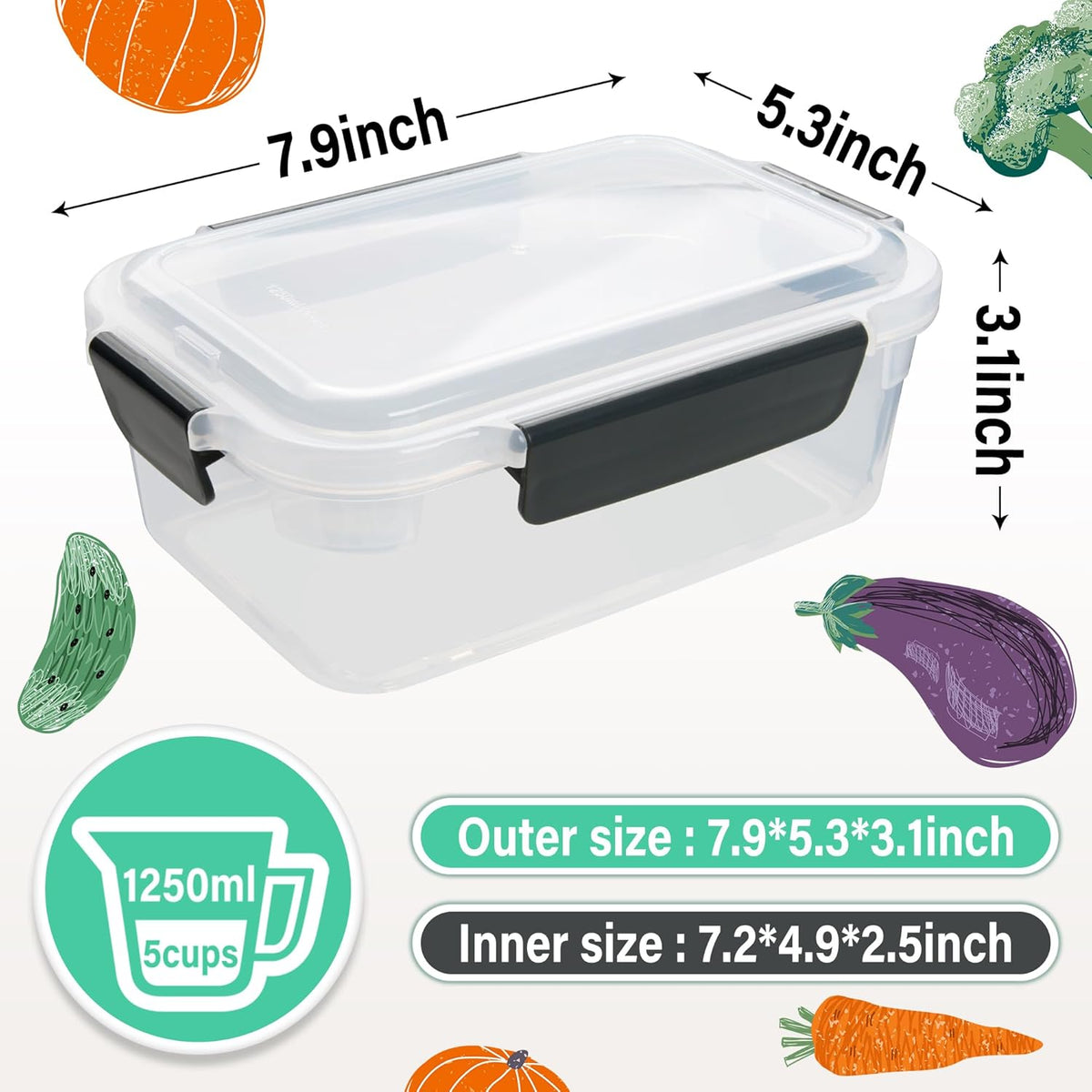 YORY 5 cup Plastic Food Storage Containers with Lids Nestable Freezer Dishwasher Safe Rectangle Meal Prep Container Set,5-Pack