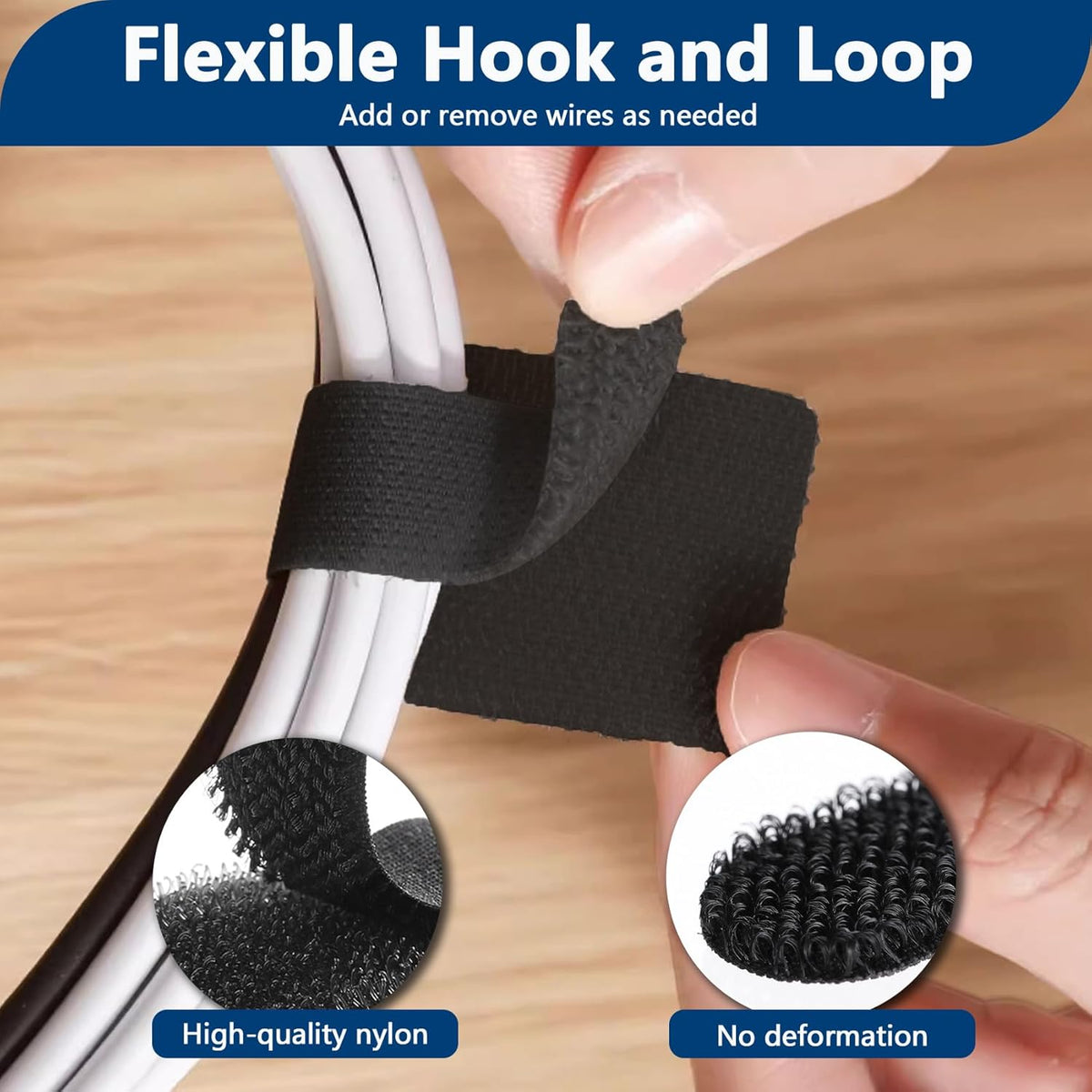 50 PCS Hook and Loop Cable Ties, Under Desk Cable Management, Self Adhesive Cable Tidy Clips Straps, Sticky-Back Cord Organizer, Wire Organizer for TV PC Laptop Ethernet Desktop, Black