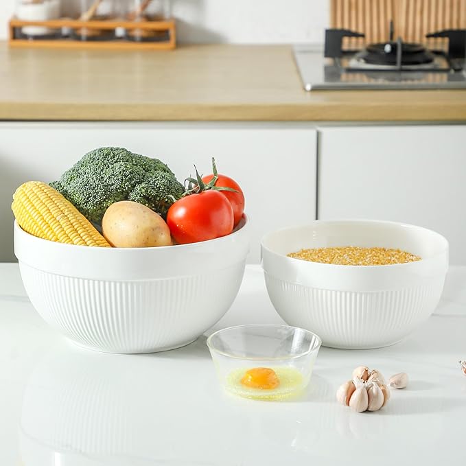 Ceramic Large Mixing Bowls for Kitchen, Set of 2 Big Serving Bowls for Cooking, Popcorn, Salad, Soup, Baking, Dough Bread Making Bowl, 10 inch + 8 inch, White