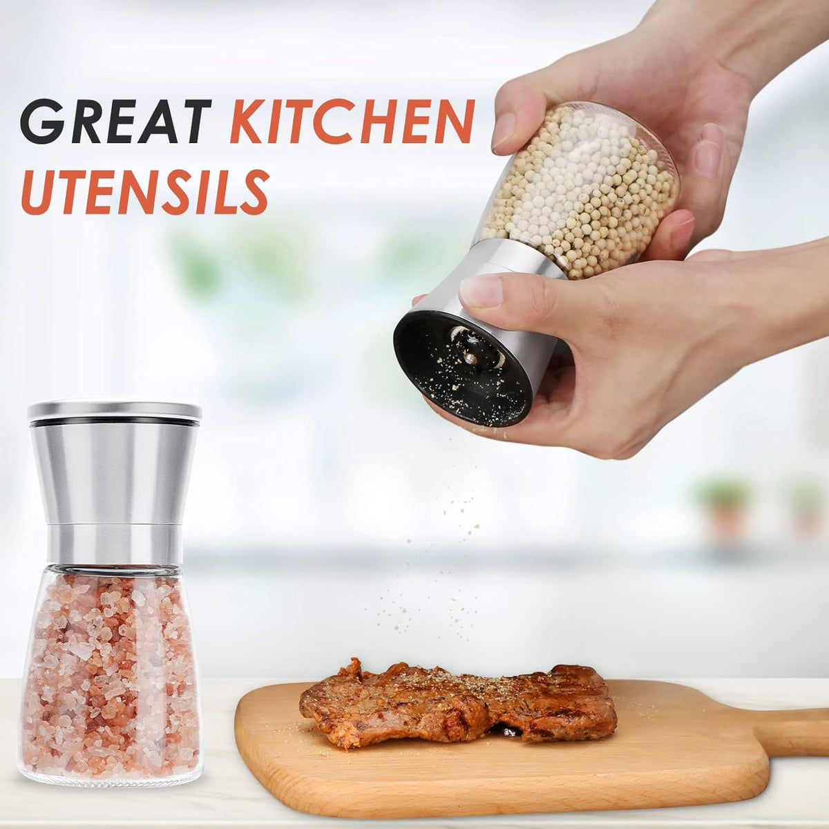Salt and Pepper Grinder Set - Refillable Grinder Adjustable Coarseness of Pepper Salt Spice Stainless Steel Mills Glass 6oz(2 Pack)