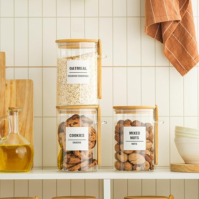 6 Pack 32oz Glass Jars with Bamboo Lids,Glass Storage Containers with Lids,Clear Airtight Food Storage Jar for Coffee,Tea,Sugar,Flour,includes 168 Pantry Labels & Spoons,3mm Thick Canisters