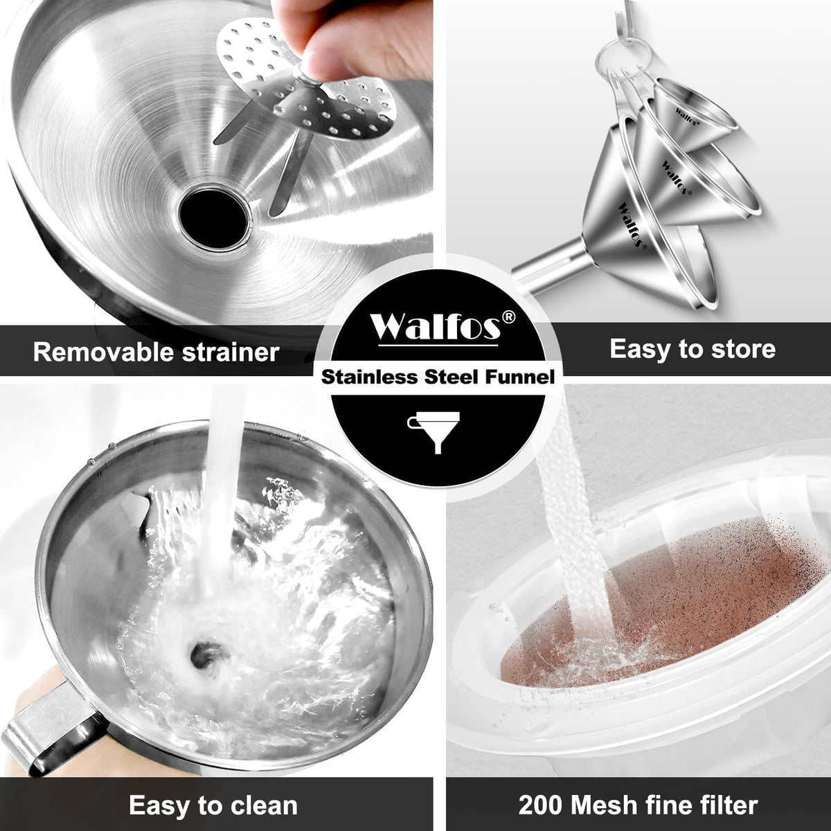 Stainless Steel Funnel, Walfos 6 Different Sizes of Kitchen funnels with 2 Removable Strainer & 1Pcs Cleaning Brush, 200 Mesh Food Filter Strainer,for Transferring of Liquid, Oils, Jam, Powder