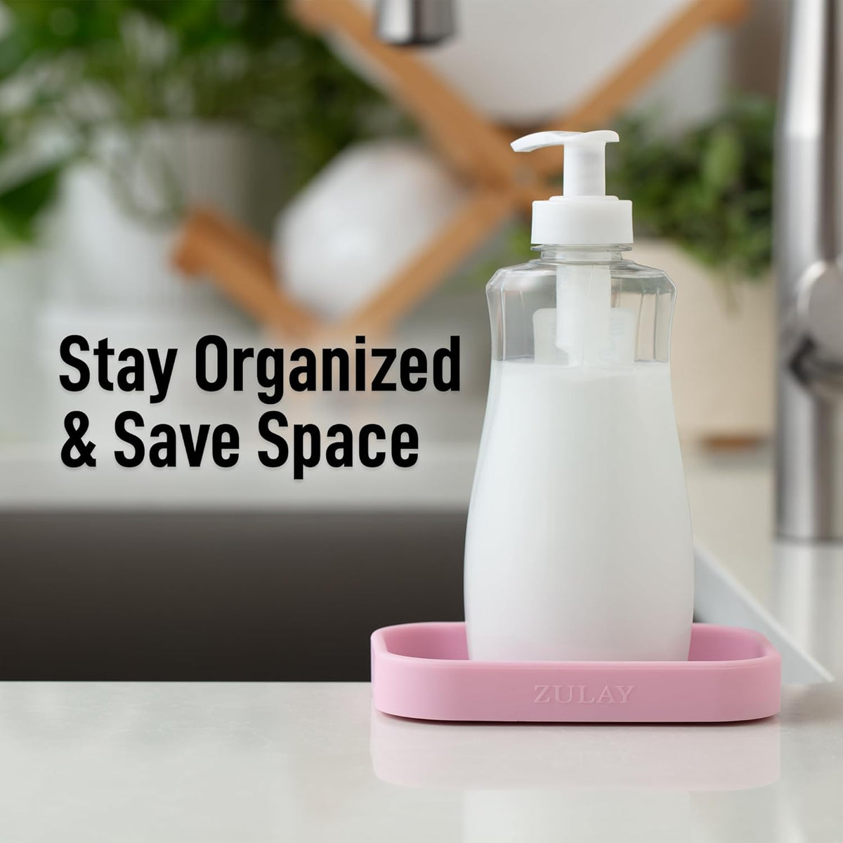 Zulay Kitchen Small Silicone Sponge Holder (4.9x3.3”) – Space-Saving Sink Organizer Tray for Sponge, Soap, Brush & More – Compact Non-Slip Dish for Kitchen & Bathroom (Pink)