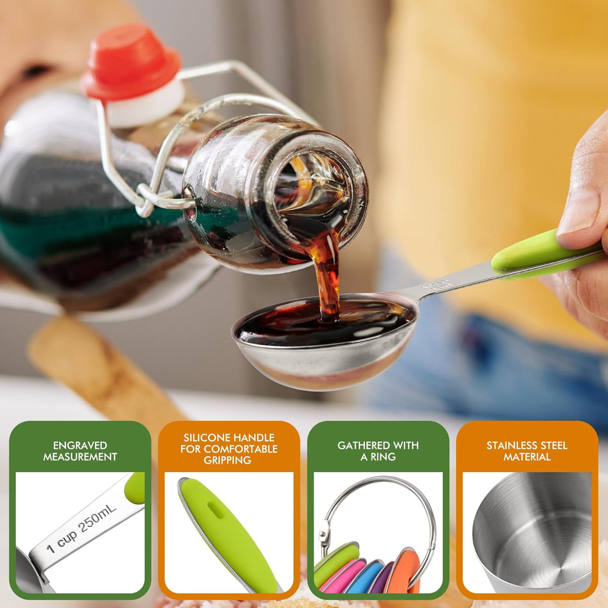 HOTEC 10-Pack Measuring Cups &Spoons Set, Kitchen Gadagets Cooking Baking, Measuring Spoons, Heavy Duty & Dishwasher Safe for Dry and Liquid Ingredients, Multicolor
