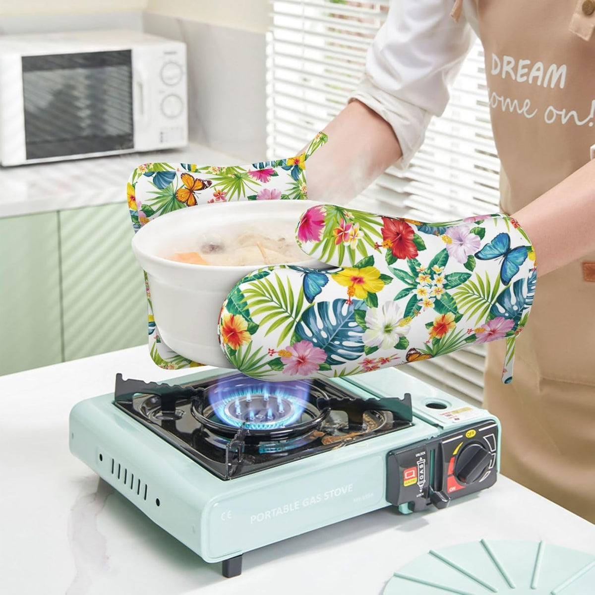 Tropical Floral Flower Leaves Butterfly Oven Mitts and Pot Holders Set of 4 Silicone Kitchen Mitten Gloves and Non-Slip Potholders Set Heat Resistant Oven Gloves Hot Holders for Kitchen