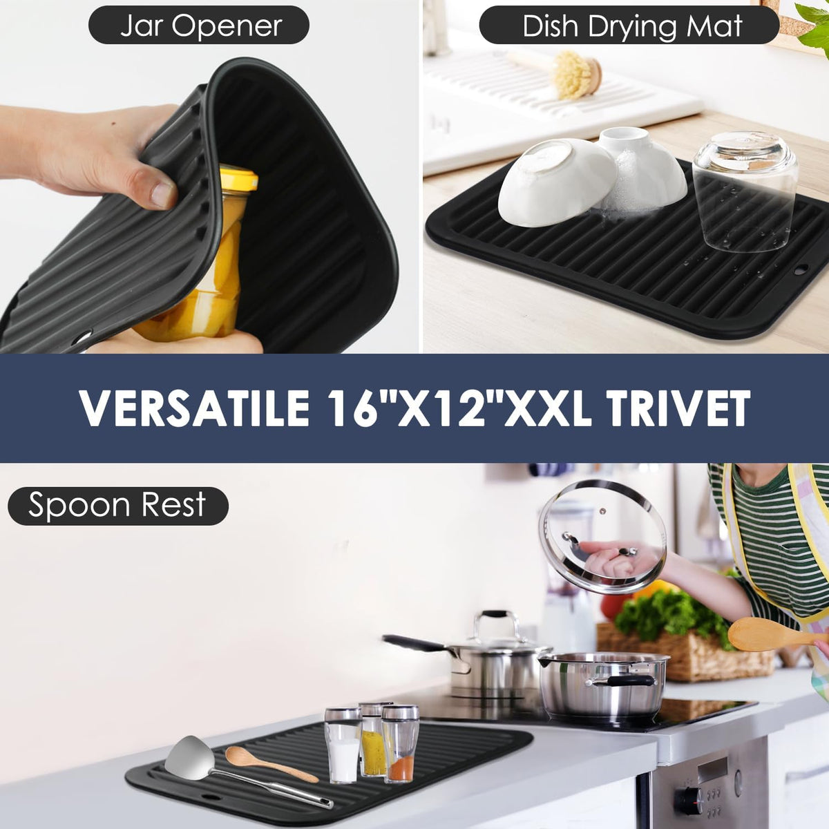 2 Pcs Silicone Trivets Black 16'' X 12'' Nonslip and Heat Resistant Hot Pads Trivets for Hot Pots and Pans Hot Pads for Kitchen(Black)