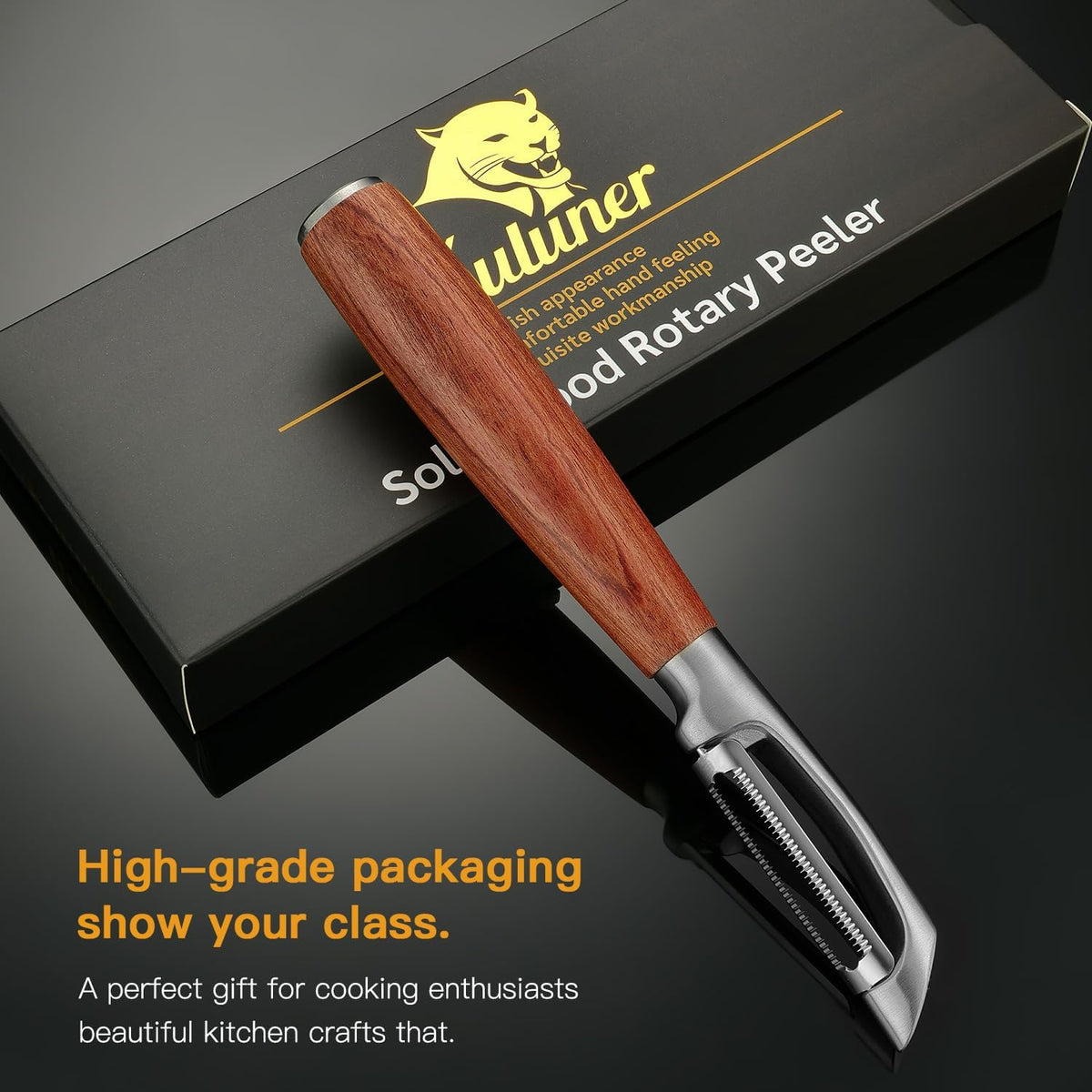 KULUNER,Premium High-End Rosewood Handle and 304 Stainless Steel Serrated Blade - An Ultra-Sharp Rotating Peeler for Potatoes, Fruits, and Vegetables, Ergonomically Designed for Easy Peeling.