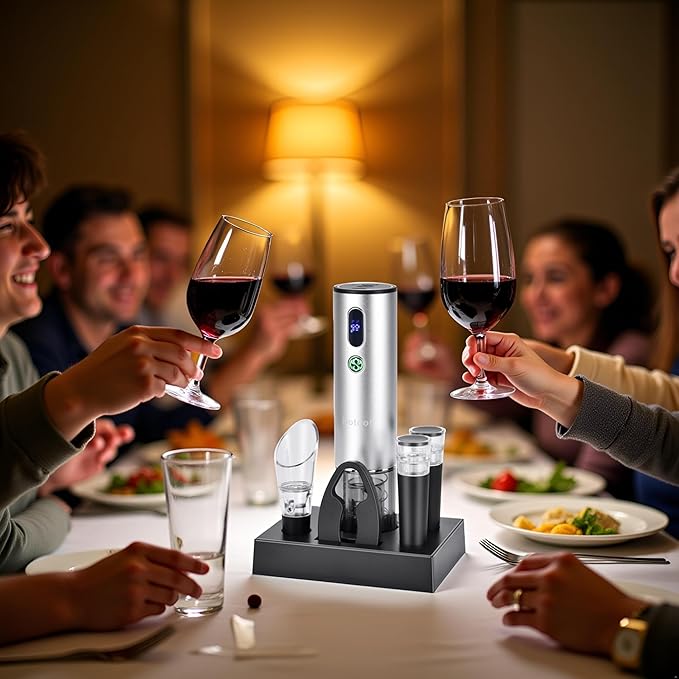 Electric Wine Opener with Wine Accessories -Rechargeable Wine Bottle Opener Set with Base, Wine Aerator, Foil Cutter and Wine Stoppers- Perfect Wine Gifts for Wine Lovers