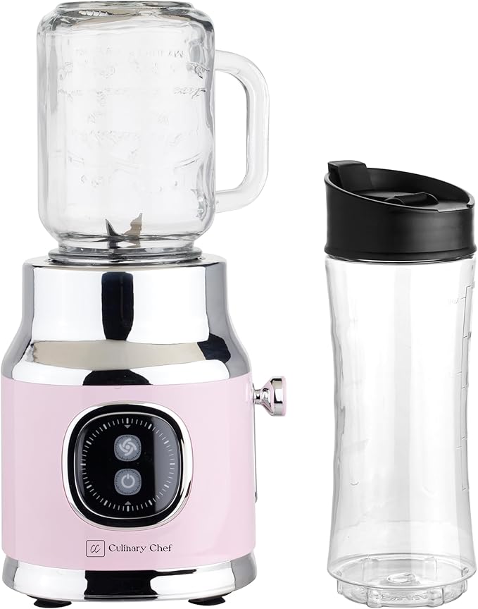CULINARY CHEF Retro Smoothie Maker Blender with Mason Jar, Perfect for Shakes and Smoothies, 300-Watt, PINK