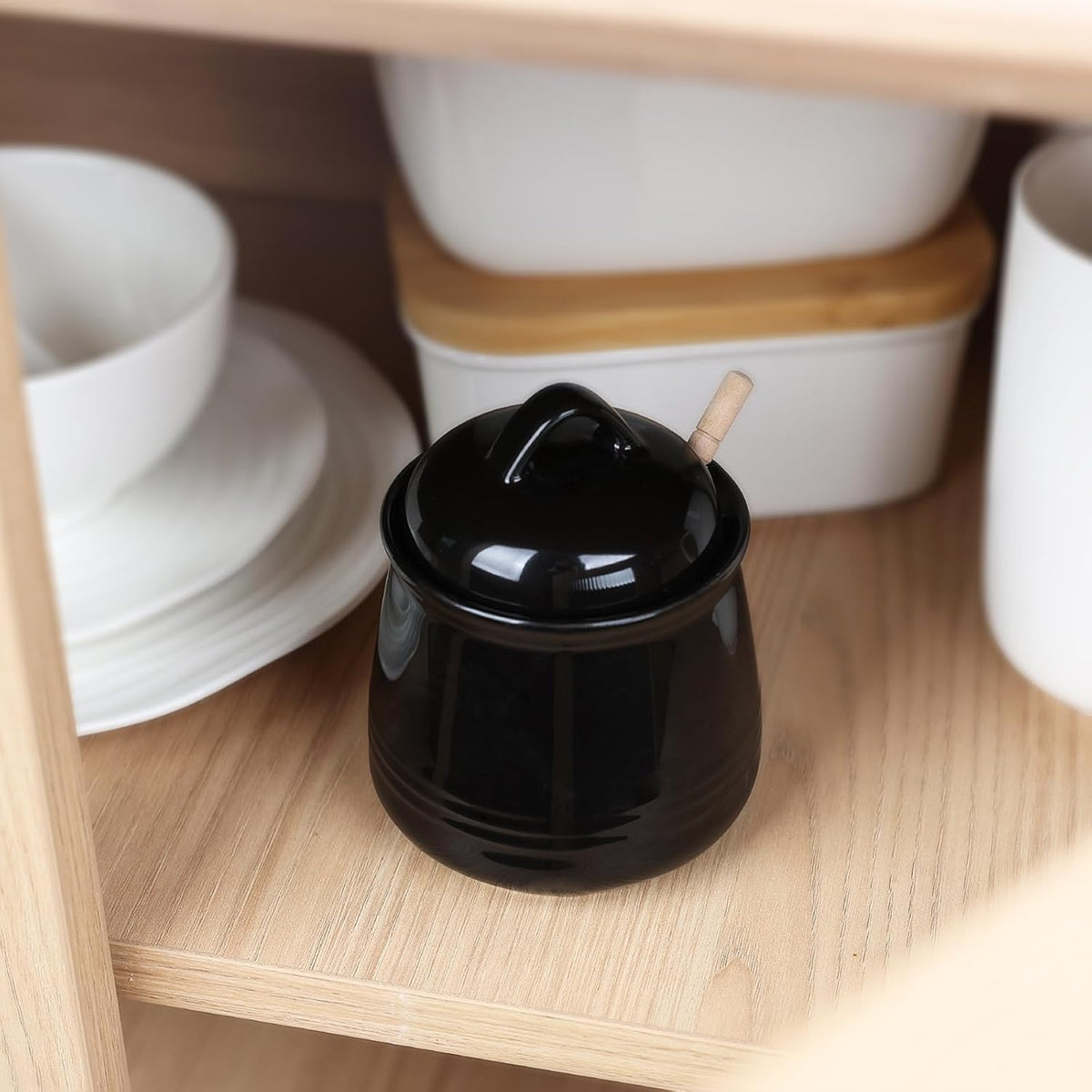 HAOTOP Ceramic Honey pot with Lid and Honey Dipper,Porcelain Honey Jar Easy to Clean and Dishwasher Safe,12oz (Black)