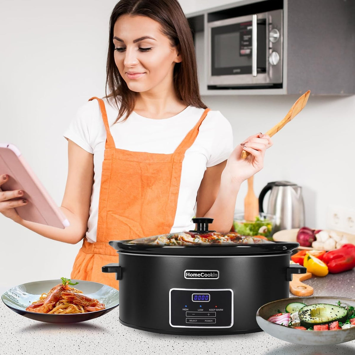 HOMECOOKIN 6 Quart Programmable Slow Cooker, Kitchen Appliances, Perfect Kitchen Small Appliance for Family Dinners, Black Stainless Steel