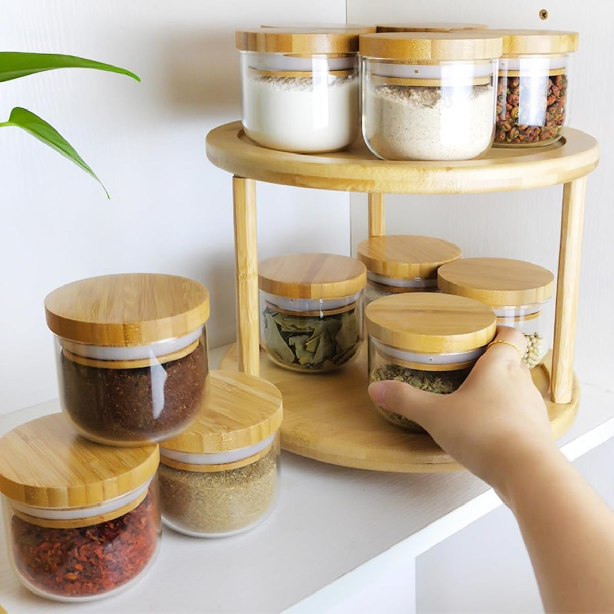 Wood Lazy Susan Organizer Bamboo 2-Tier Rotating Storage Rack – 360° Turntable Organizer for Kitchen, Spices, Cosmetics