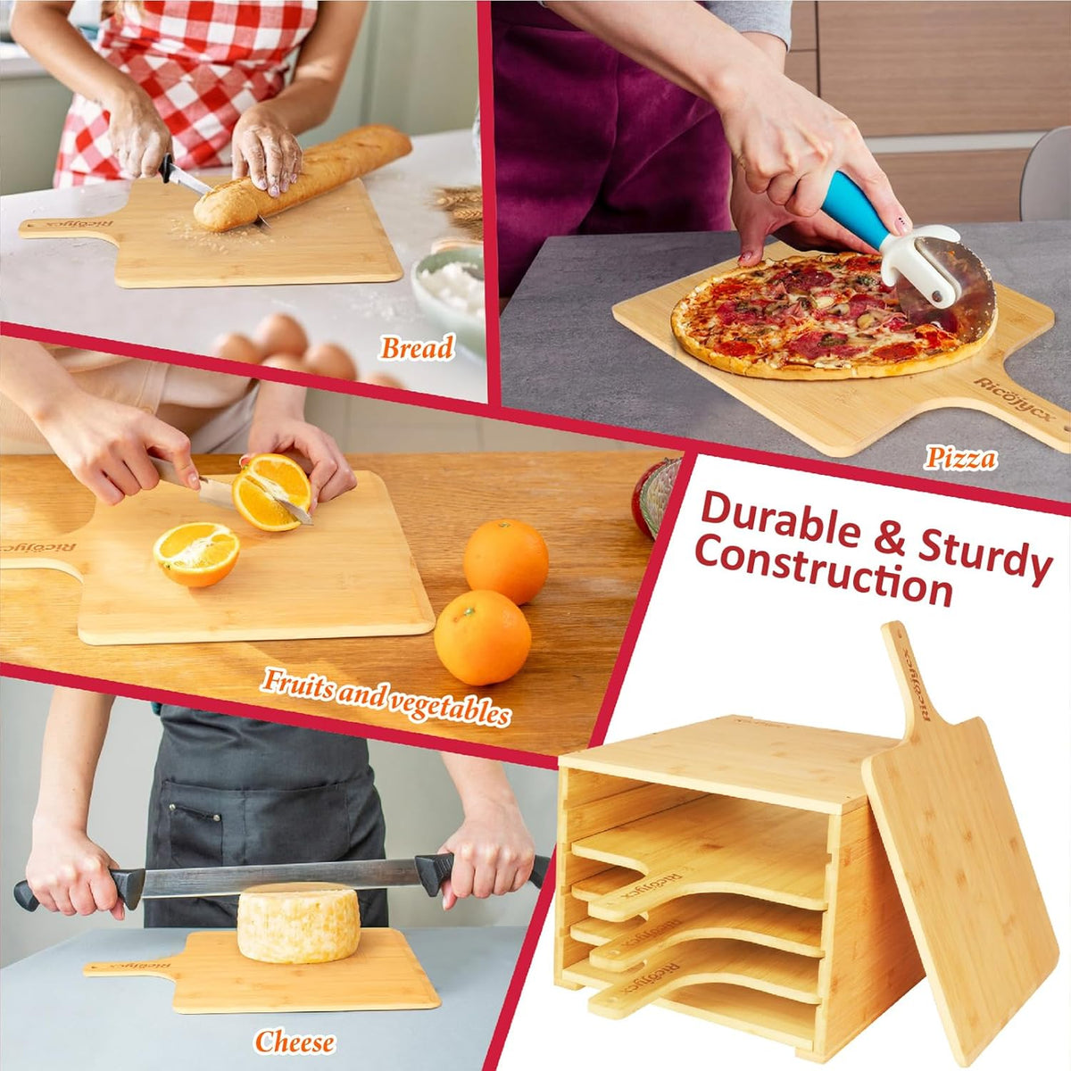 Multilayer Bamboo Pizza Peel Rack, Contain 4 x 12 Inch Non-Stick Bamboo Pizza Boards, Pizza Paddle Stand for Easy Storage and Baking Multiple Pizzas and Bread