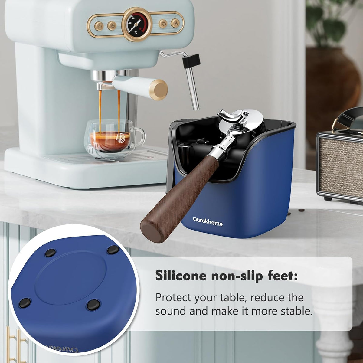 Ourokhome Knock Box Espresso Accessories, The Latest Patented Stainless Steel Espresso Machine Tool for Coffee Ground with Removable Knock Bar, Handle and Lid, Dishwasher safe, 4.8 inch (Deep Blue)