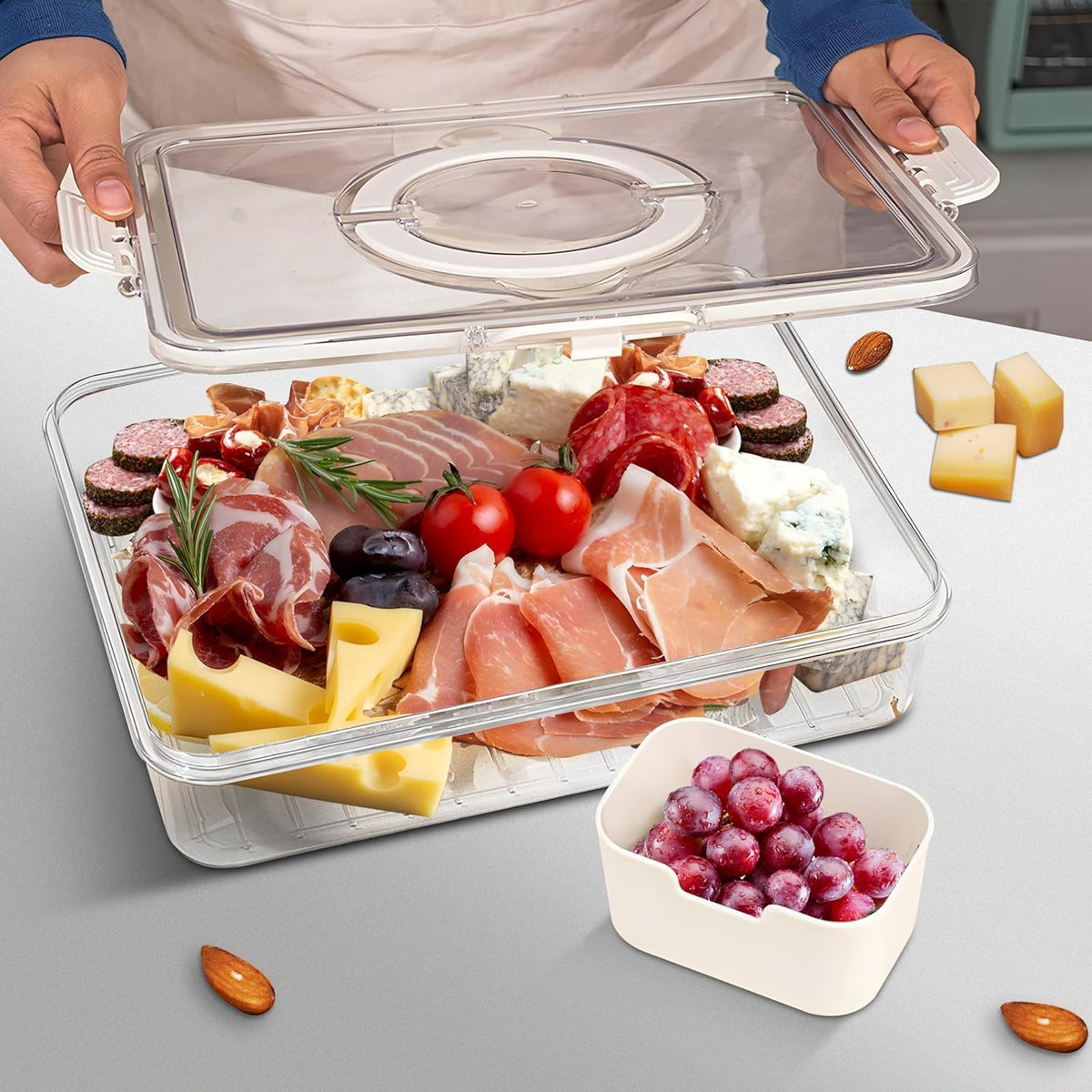 Divided Serving Tray with Lid and Handle,8 Compartments Snacks Box,Snack Fruit and Veggie Tray,Portable Platter for Candy Fruits Nuts Snack Party Entertaining Picnic (1 PCS)