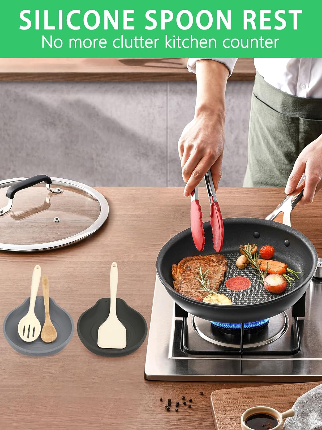 2 Pcs Spoon Rest for Stove Top Silicone, 6.1" Large Stove Spoon Holder for Spatula, Tongs or Spoon, Kitchen Counter Decor, Gray & Black