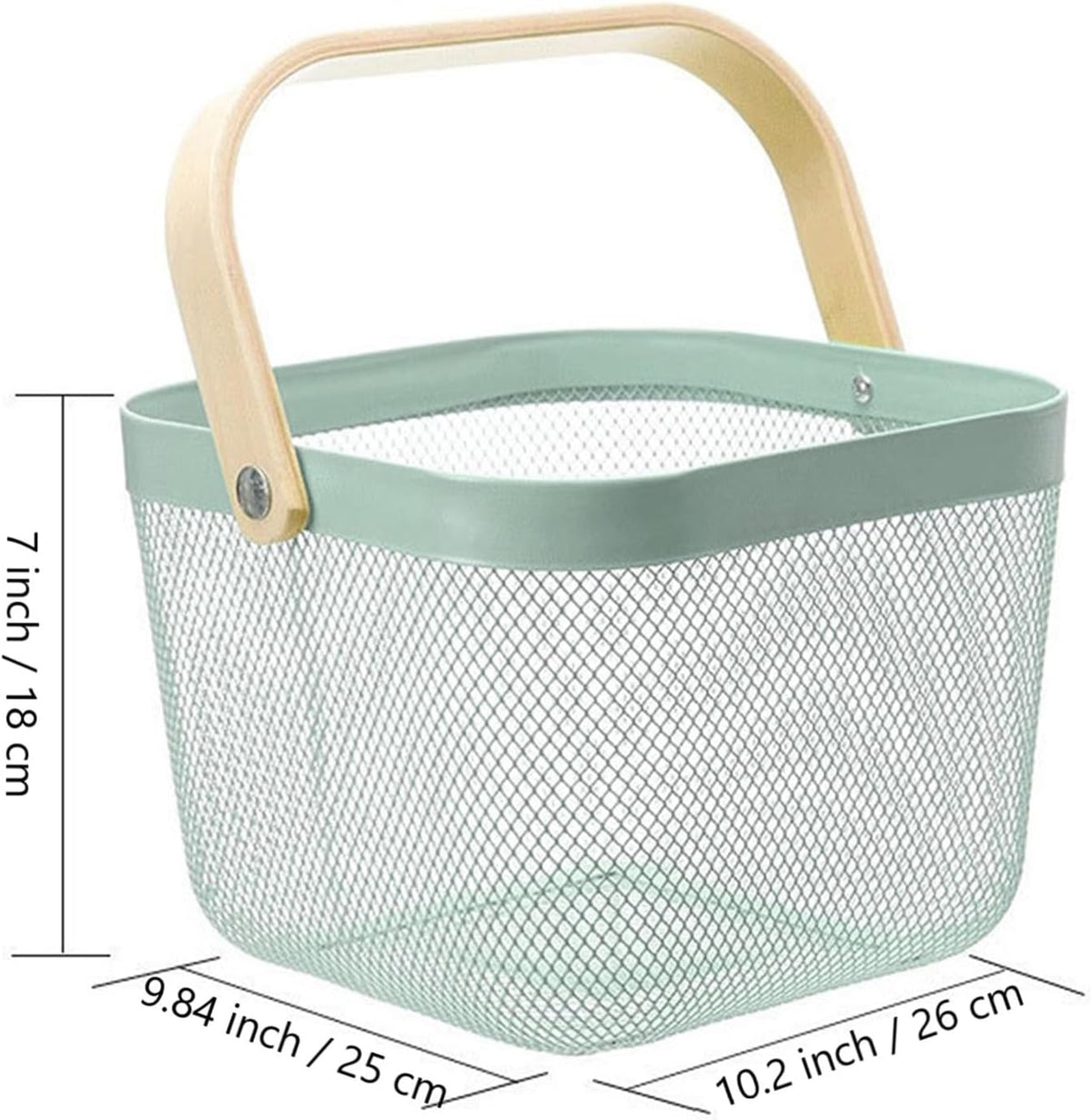 Metal Mesh Steel Basket, Storage Organizer Basket Multi-functional Hanging Kitchen Basket Fruit Basket Bin with Bamboo Handle, 9.84 x 10.2 x 7 inch, Mint Green