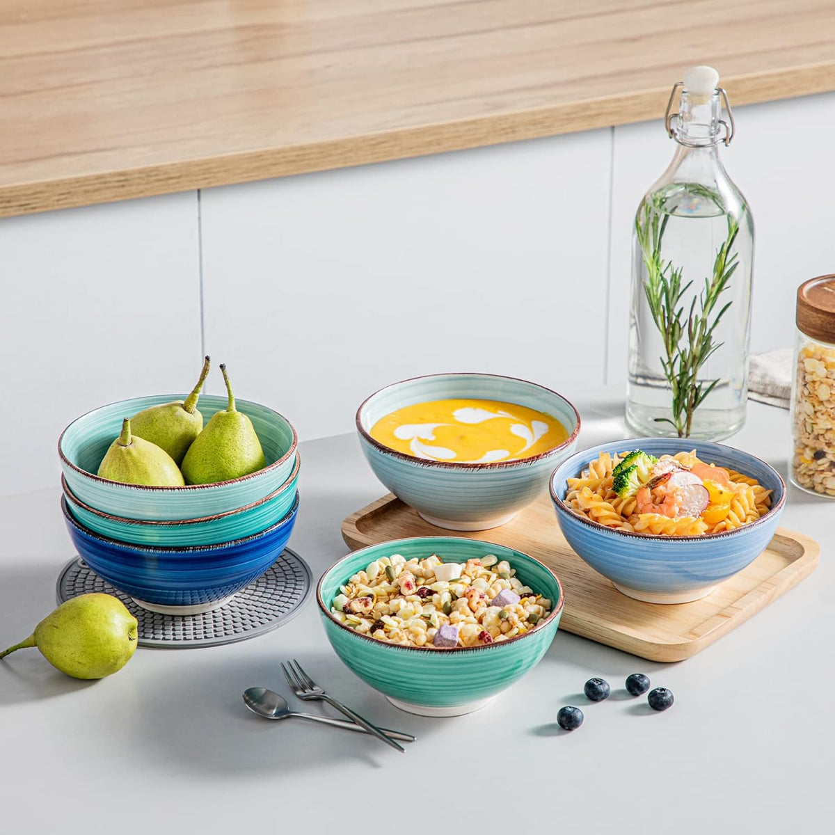 vancasso Bonita 27 Oz Cereal Bowls Set of 6, Blue Ceramic Bowls for Kitchen, 6 Inch Soup Bowls, Dishwasher & Microwave Safe