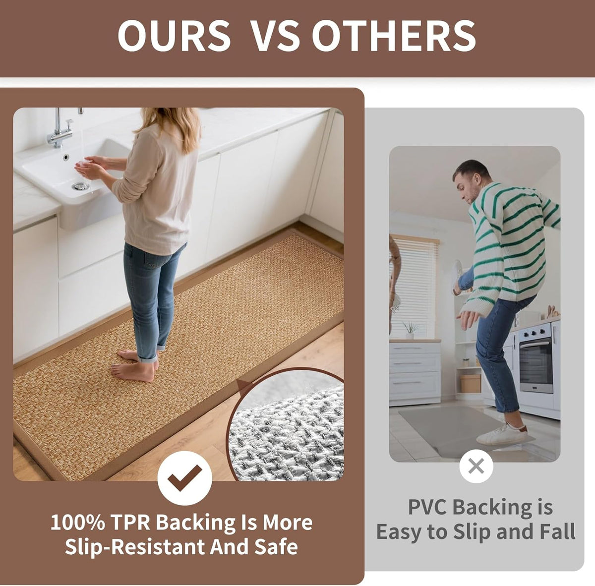 Kitchen Runner Rugs Non Slip Washable, Super Absorbent Kitchen Mats for Floor, Rubber Backing Jute-Like Braid Long Sink Mat Standing Floor Mat, Machine Washable, Brown 17"x59"