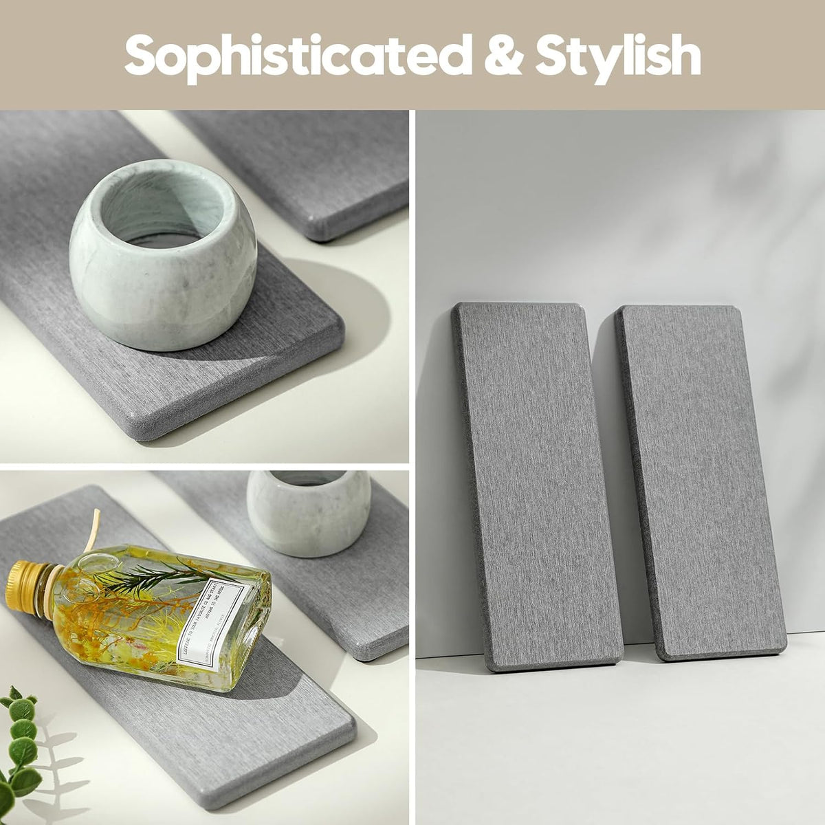 2PCS Bathroom Counter Vanity Trays, Water Absorbing Diatomite Stone Quick Drying Mat for Kitchen Sink Counter, Dish Rack Soap Dispenser Sponge Holder Caddy Organizer, Light Gray, 9"x 3.5"