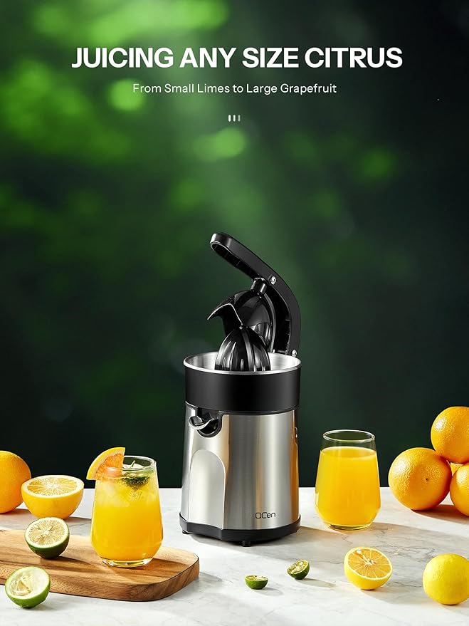 Professional Brushed Stainless Steel Electric Citrus Juicer, 2 Interchangeable Cones for Orange, Lemon & Grapefruit, Easy Clean, Durable Design & Effortless Operation