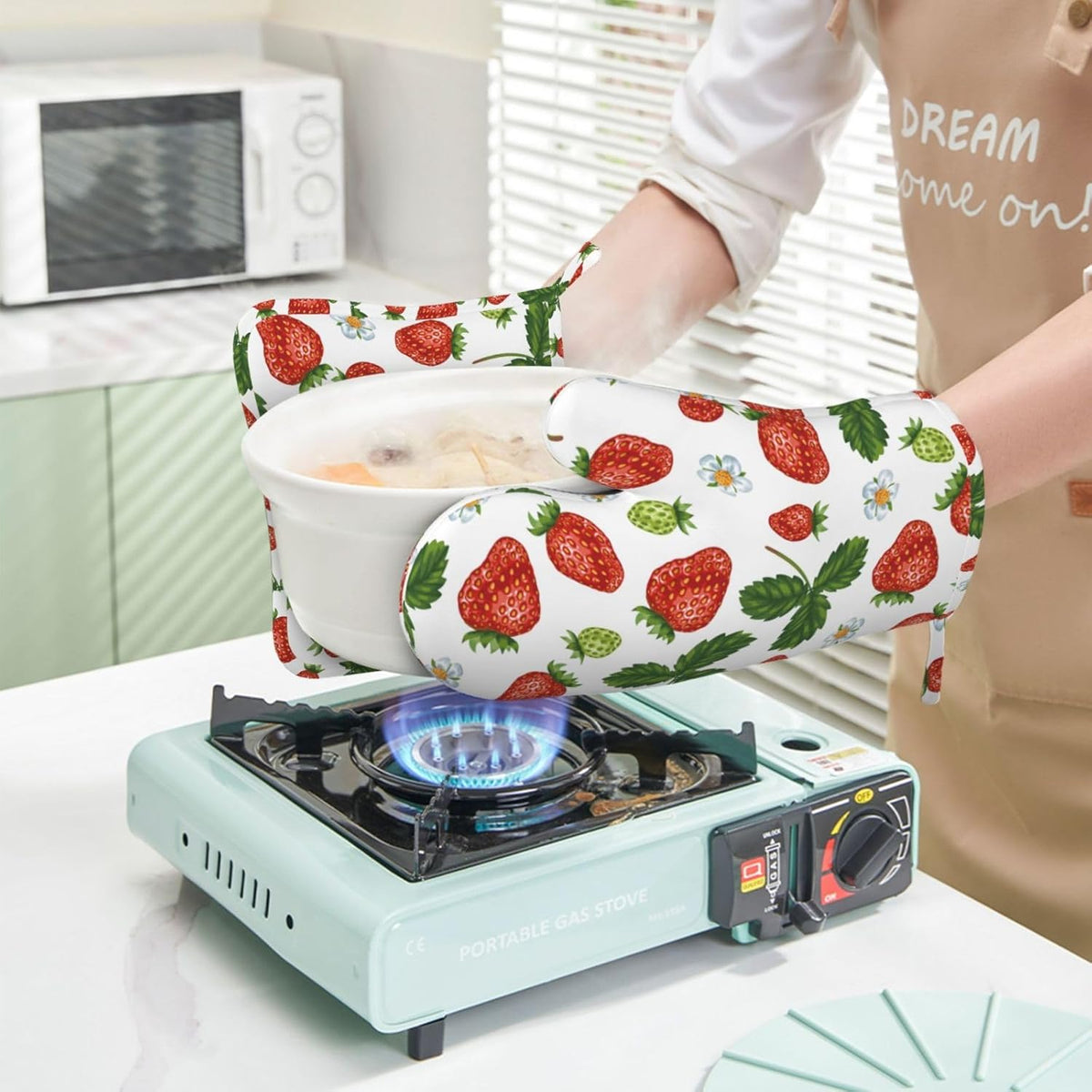 Red Strawberry Leaf Flower Oven Mitts and Pot Holders Set of 4 Silicone Strawberry Kitchen Mitten Gloves and Strawberries Potholders Set Heat Resistant Oven Gloves Hot Holders for Kitchen